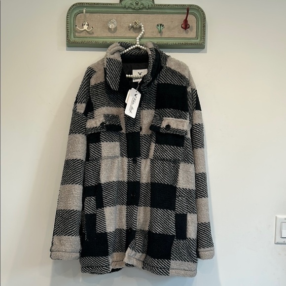 White Mask faux fur Black and Gray Plaid Jacket shacket plus size xxxl 3XL women - Picture 1 of 7
